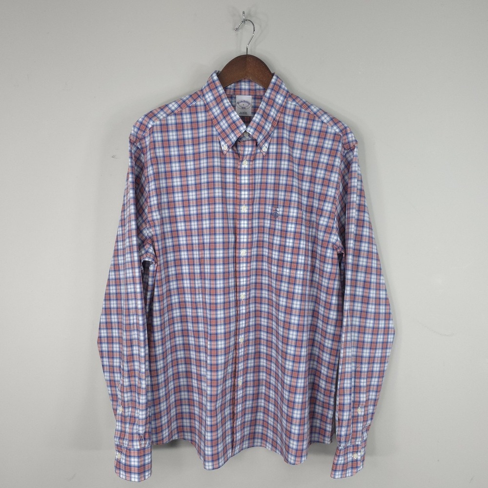 Brooks Brothers Shirt Mens Large Blue Orange Plaid Long Sleeve Cotton‎ 1818